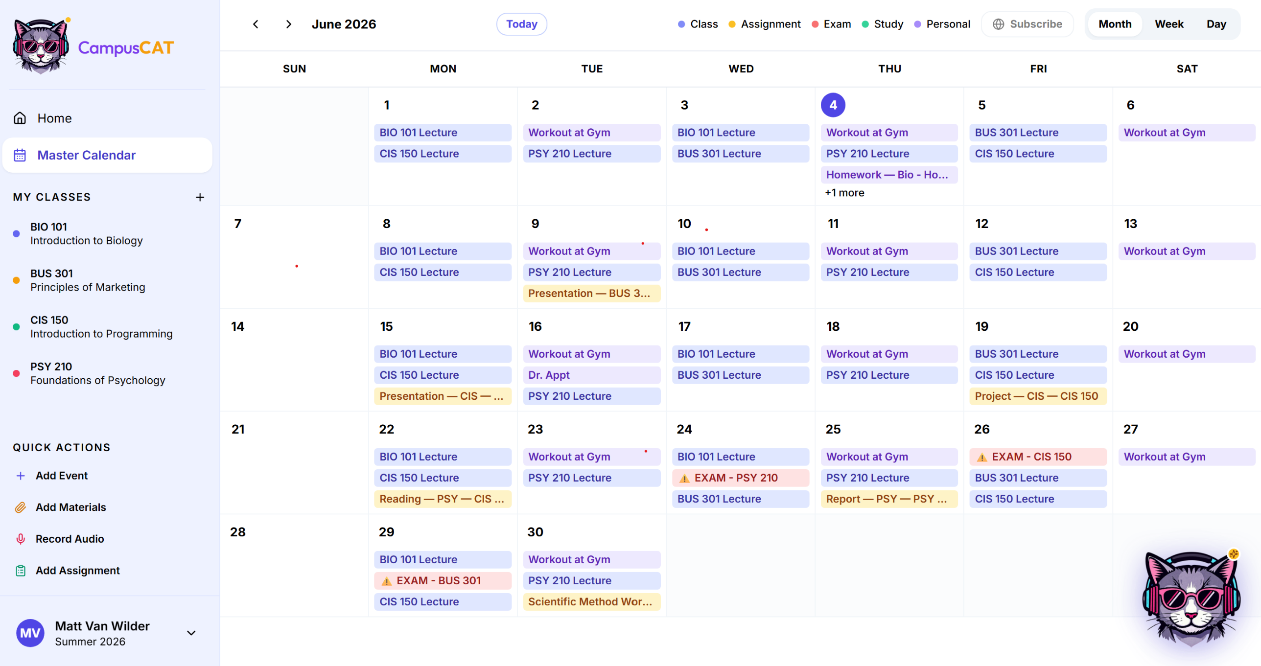 CampusCAT dashboard preview with classes and study planning